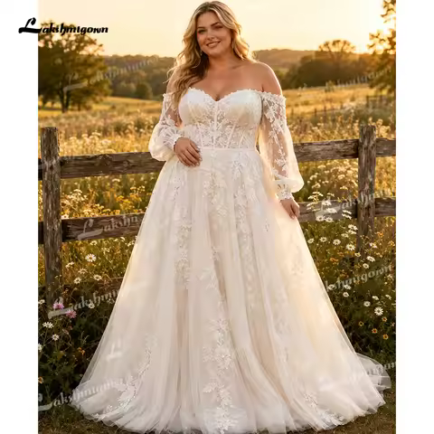 Romantic Tulle Plus Size Wedding Dress Off Shoulder Puff Long Sleeve Lace A Plaque Bridal Gown A-Lin