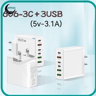 APPEAR 160W Charger Plug, 6 Ports EU/US/UK Phone Charger Adapter, with LED Fast Charging PD QC3.0 Mu