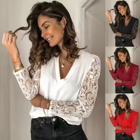 Women's Sweet Lace Spliced Long Sleeve Chiffon Shirt Autumn/Winter Office Lady Solid V-Neck Blouse W