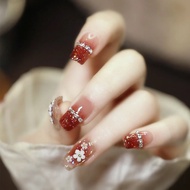 Nail box, Red fake nails with stones, flowers, Pretty nails, Short nails with stones