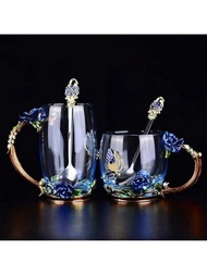 1入組玫瑰金水晶瓷茶杯、咖啡杯、玻璃杯,帶有蝴蝶玫瑰花紋,帶蓋匙套裝的透明玻璃杯