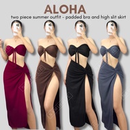 Aloha Two Piece Summer Outfit - Padded Bra and High Slit Skirt I Knitted Fabric I XS to SMALL