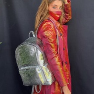 Silver Python Leather Backpack Snakeskin Rucksack Laptop Bag Hand Luggage