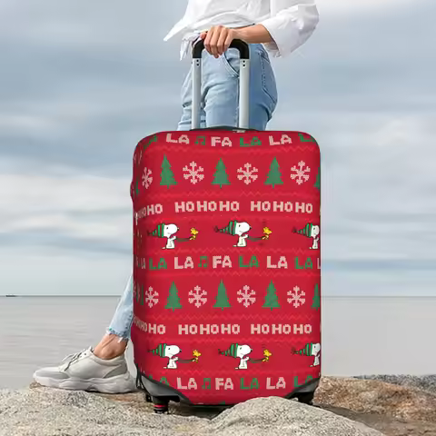 Cute Christmas Snoopy Woodstock Cartoon Beagle Luggage Cover Protector Elastic Travel Suitcase Cover