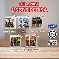 TRIAL PACK BUNDLE 5 PERISA - (COCONUT COFFEE,HAZELNUT GUARANA COFFEE,NESLO,ALFALFA SOY MILK,TEH TARI