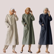 Baju Raya 2024 Muslimah Cotton Linen Midi Dress Retro Casual Long Sleeves Women Plus Size Pocket Abaya Dresses Premium