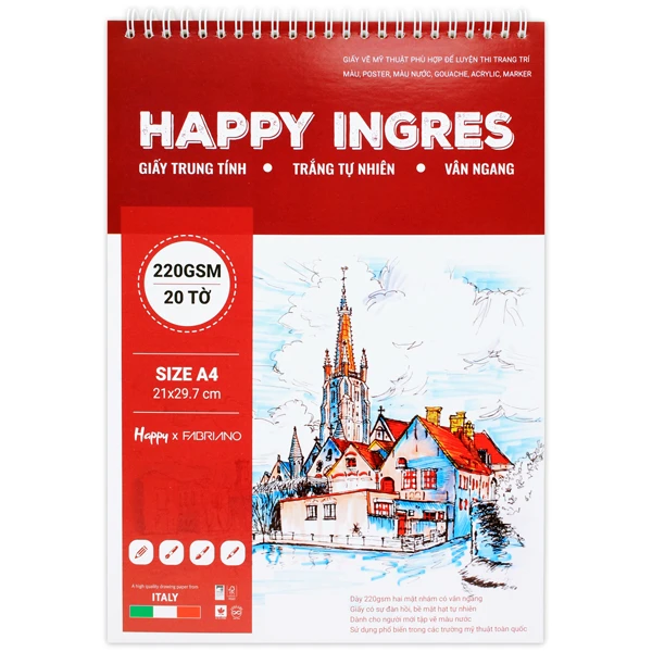 Sổ Vẽ Lò Xo A4 Vân Ngang - Giấy Mỹ Thuật - 40 Trang 220gsm - Happy Ingres