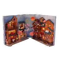 Multicolor LED Light 3D Wooden Book Stand Kit Japanese Tavern Style DIY Miniature Book Nook