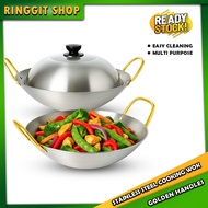 Ringgit Shop Durable Stainless Steel Wok with Cover | Non-Stick Pan Golden Handle for Kitchen Use