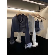 Ice silk feather pajamas ostrich shorts pajamas women's high-end fashionable design sense sleeves fe