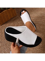 女性雙色露趾厚底平臺楔形涼鞋,黑白色,夏季必備