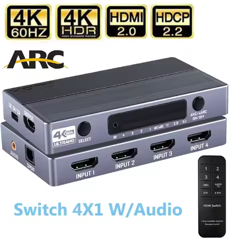 4K 60Hz HDMI Switch with Audio Extractor 4-IN-1 Out HDMI 2.0 Switch Audio Extractor Splitter HDMI 4 