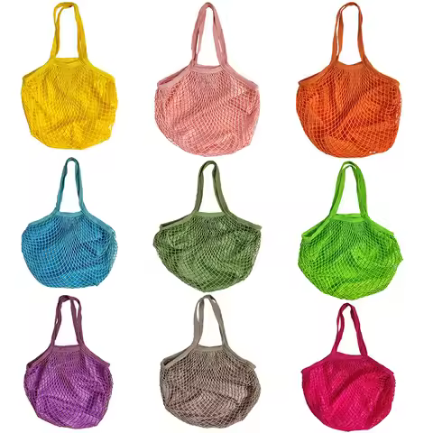 With Short /Long Handle Cotton Net Bag Shop Basket for Supermarket Folding Grocery Bags Fruit Vegeta