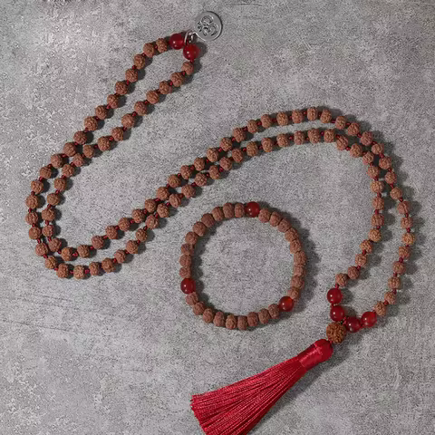 Original Rudraksha Red Agate 108 Mala Necklace Meditation Yoga Prayer Japamala Set with Bracelet Jew