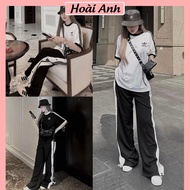 Adas Women's Sports Set T-shirt with Collar and Hem Mixed with Buttoned Straight Pants Freesize