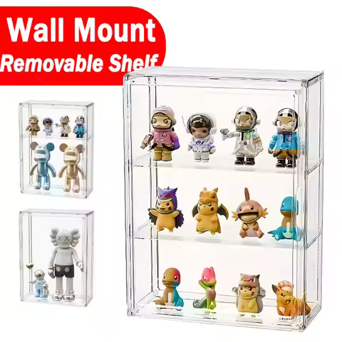36x27x12cm Display Cabinet - 3-Tier Wall-Mounted Shelf for Popmart, Magnetic Door & Clear Panel