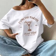 Oversized Loose Shoulder T-Shirt With "Espresso Martini" Slogan, Coffee Color, Spring