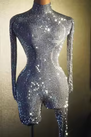 Sparkly Long Sleeve Crystal Rompers Pole Dance Bodycon Bodysuits Stage Performance Wear Women Party 
