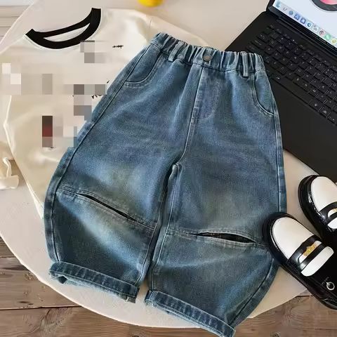Boys 2026 Cool Soft Stylish Jeans Fall New Kids Korean Ripped Pants Baby Stylish Loose Casual Pants