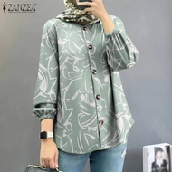 ZANZEA Muslimah Women's Muslim Tops Abaya Lantern Sleeve Casual Loose Printed Shirt