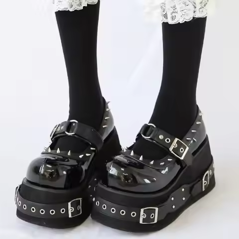 Gothic Rivet Muffin 10 CM Platform Mary Jane Shoes Punk Spice Girl Pu Leather Dark Shoes Women Y2K S