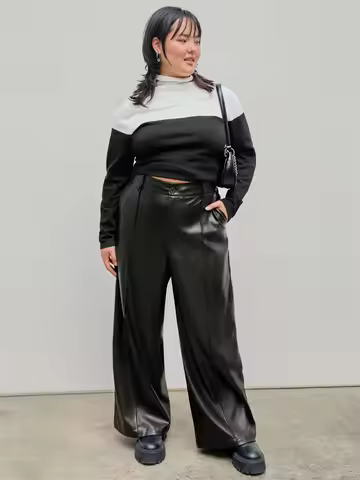 Plus Size Women High Waist PU Trousers 8XL Vintage Burgundy Wide Leg Pants 9XL Casual Faux Leather S