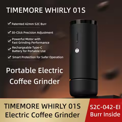 TIMEMORE WHIRLY 01S Portable Electric Coffee Grinder, 42mm S2C Burr, 0.025mm/Click, 30 Clicks, Type-