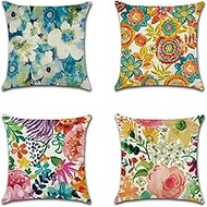 Cushion Cover, 65x65cm Set of 4, Artistic Floral Soft Velvet Throw Pillow Cases 26x26in, Square Sofa Cushion Cover with Invisible Zipper for Couch Bed Car Bedroom Home Decor