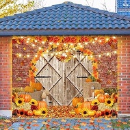 Fall Thanksgiving Garage Door Banner Cover 7x8ft Rustic Wood Barn Maple Leaves Floral Harvest Pumpki