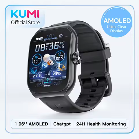KUMI KU7 Smartwatch 1.96" AMOLED, AI Voice Assistant, Bluetooth Call, SOS Alert, 100+ Sports, Health