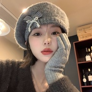 cap woman cap Bow Gray Beret Women Autumn Winter Warm Knitted Plush Beret Painter Hat Big Head Circu