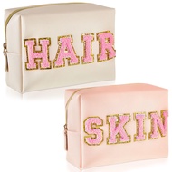 Patelai 2 Pcs Preppy Makeup Bags Chenille Letter Patch Bag Face Skin Hair Stuff Aesthetic Cosmetic B