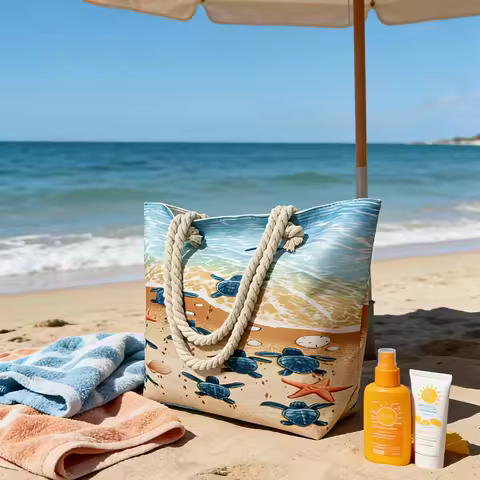 Summer Seaside Vacation Style Beach Turtle Pattern Beach Bag, Extra-Large Capacity Women's Beach Tot