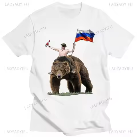 Classic Putin Vodka Bear Russian Man Cotton Tshirt Vladimir Putin on Bear Russia Tee Fashion Cool T 