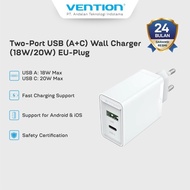Vention USB Charger Head Adapter (A+C) 20W PD For Apple Iphone Android - FBB