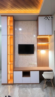 Backdrop TV HPL  Panel TV HPL Rak TV HPL  Meja TV HPL Credenza HPL Lemari TV HPL Custom