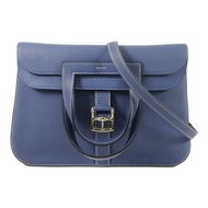 HERMES Clemence皮革Halzan 31銀扣手挽肩背兩用袋Bleu Encre