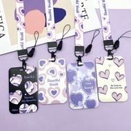 Peach Heart Card Holder with Long Lanyard Trend Black Purple Card Protection Case Neck Strap for Bus