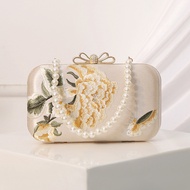 1pc Fashion Luxury Chinese Style Embroidery Bag Floral Women Handbag with Pearl Chain Female Dinner