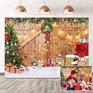 DHXXSC 8X6FT Christmas Backdrop Rustic Christmas Barn Door Christmas Tree Backdrop Xmas Backdrop Merry Christmas Plank Wall Festive Wonderland Party Background Birthday Baby Shower Backdrop DH-220