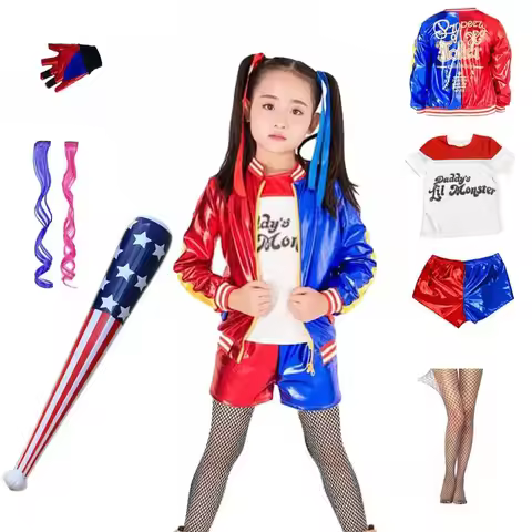 Girls Harley Squad Monster Shirt Quinn Costume Printed Jacket Shirt Pants Gloves Suicide Quinn Cospl