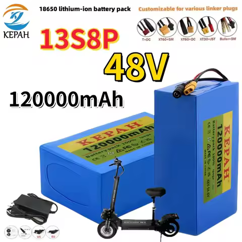 New 13S8P 48V 120Ah lithium battery for electric scooters, mountain bikes +54.6V 2A Charger