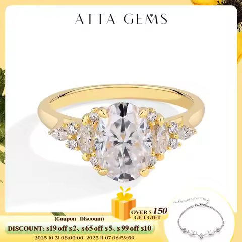 ATTAGEMS Luxury D VVS1 Color 2.5CT Oval Cut Moissanite Diamond Ring for Women Solid 10K 14K 18K Yell