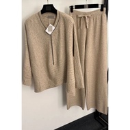 New Style Suit Stripe Tassel Beads V-Neck Sweater Top & Drawstring High Waist Pants Set - 5PC