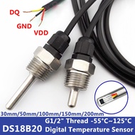 DS18B20 Digital Temperature XZ Sensor G1/2" Thread Probe DIA=8mm PVC 3-core Wire SUS304 Stainless St