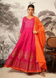 ชุดอินเดีย เดรสยาว Anarkali Foil Printed  Dress Set