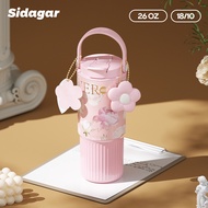 Sidagar Floral Stainless Steel Thermos Bottle With Handle & Straw (316L/750ml)-Premium 3D Embossed &