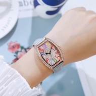 Mobangtuo Rose Gold Watch Bucket Style Fashion Watch with Diamond Set Sky Star Seven Beads Leather Strap Quartz Watch