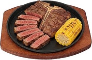 Round Iron Steak Skillet with Wooden Base Non-Stick Barbecue Grill Pan for Home Cooking and Dining f