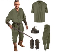 NEW Jiuguva 4 Pcs Halloween Mens Renaissance Costume Set Medieval Pirate Shirt Ankle Banded Pants Vi